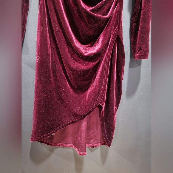 Velvet Velour Ruched Wrap Dress Mahogany Burgundy Sz L Huhot Long Sleeve - Picture 5 of 5